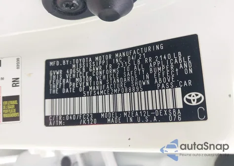 2021 Toyota Corolla Se из США, поврежденный, VIN 5YFS4MCE2MP088895